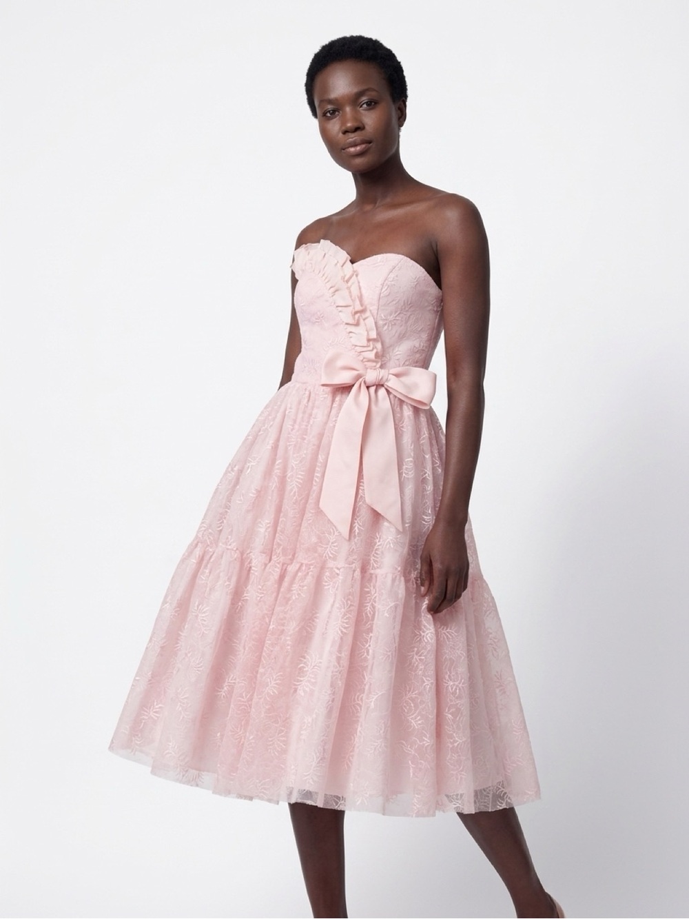 Strapless Pink A-Line Miss Renfrew Midi Dress with Bow size 7
